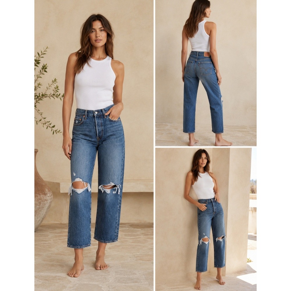 NEW! Levis Ribcage Straight Ankle Jeans 27 Distressed‎ High Rise Destroyed Denim